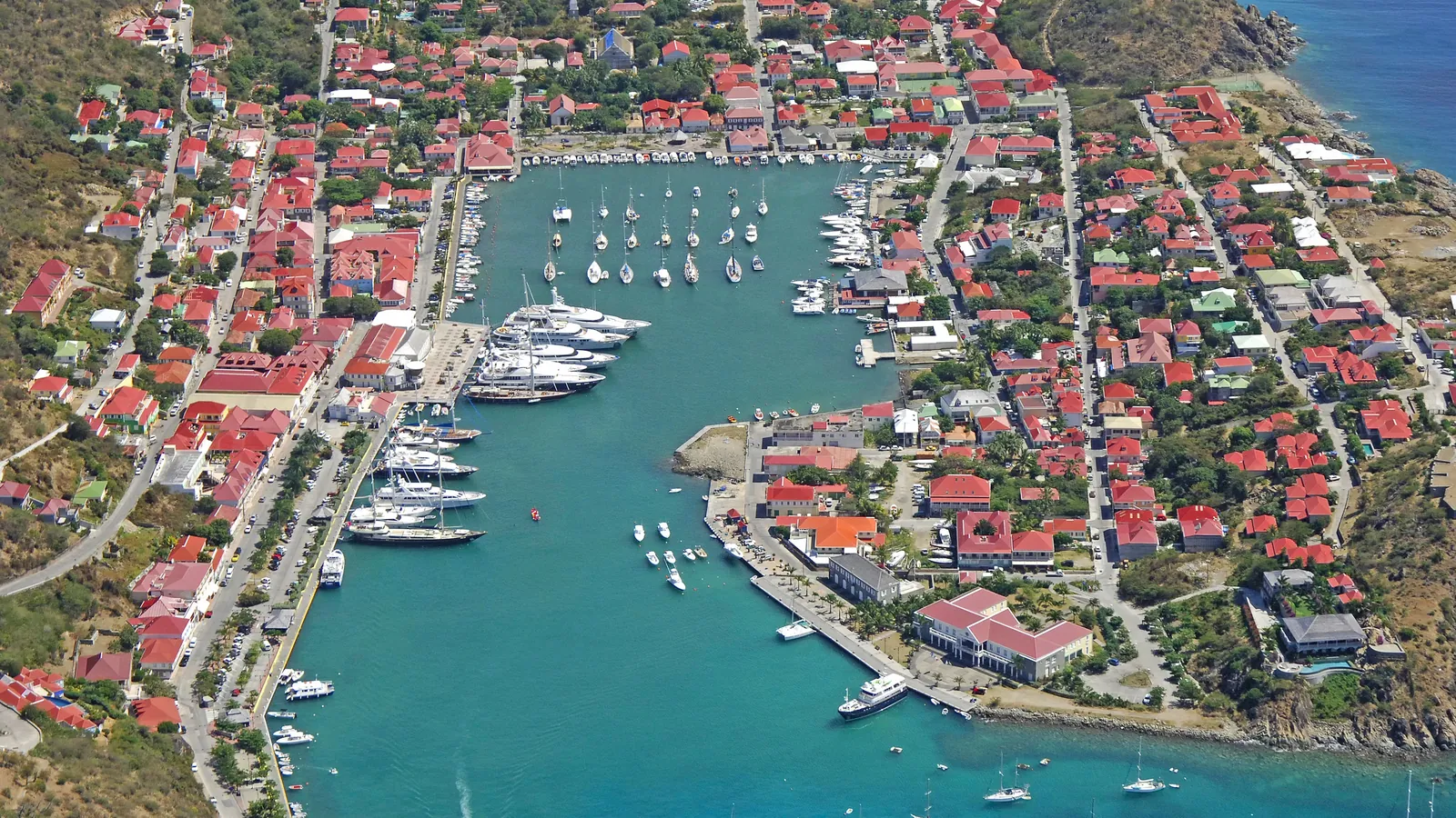 Gustavia and its harbour seen from the air, Saint-Barthélemy