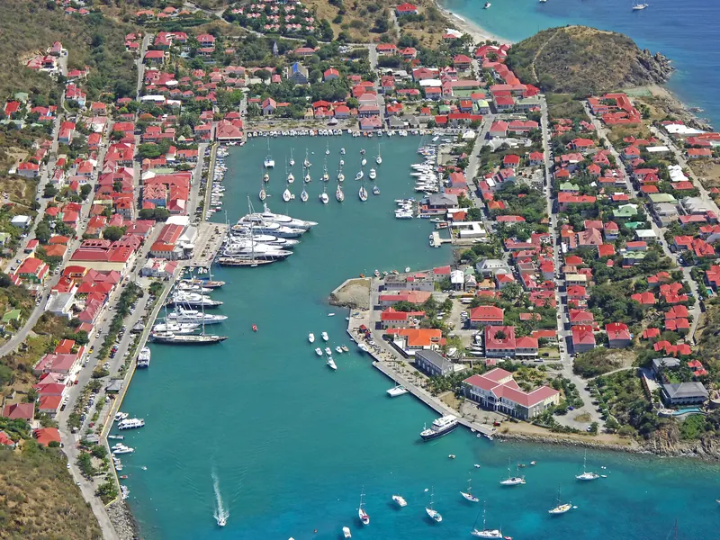 Gustavia and its harbour seen from the air, Saint-Barthélemy