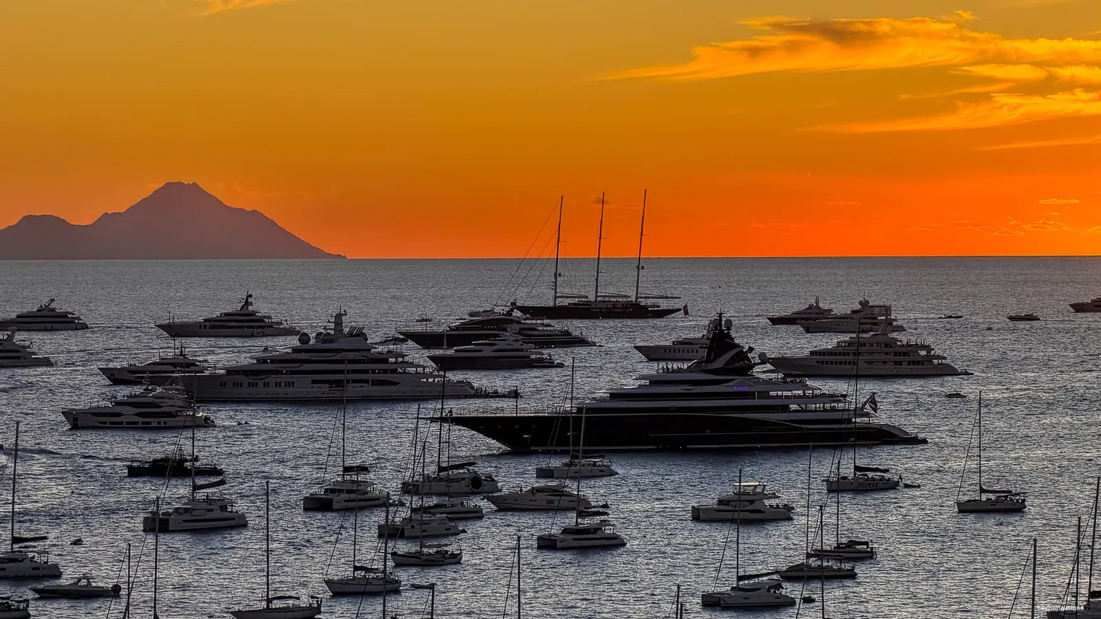 Sunset over the anchorage in the bay of Gustavia, Saint-Barthélemy