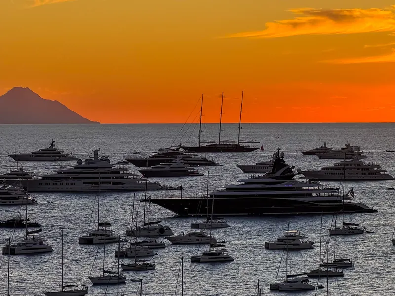 Sunset over the anchorage in the bay of Gustavia, Saint-Barthélemy