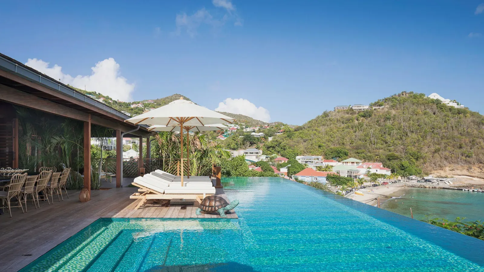 Pool and sun loungers at Villa Nanne, Corossol, Saint-Barthélemy, above the bay